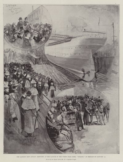 Das größte Schiff der Welt, Skizzen beim Stapellauf des White Star Liners, Oceanic, in Belfast am 14. Januar von Henry Charles Seppings Wright